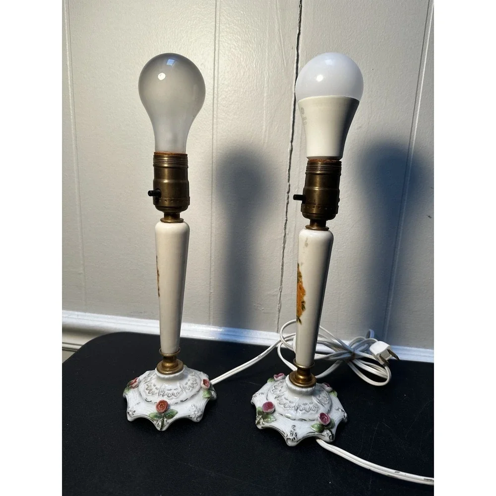 Vintage Porcelain Boudoir Table Lamps Floral Rose Gold Accent Pair Working